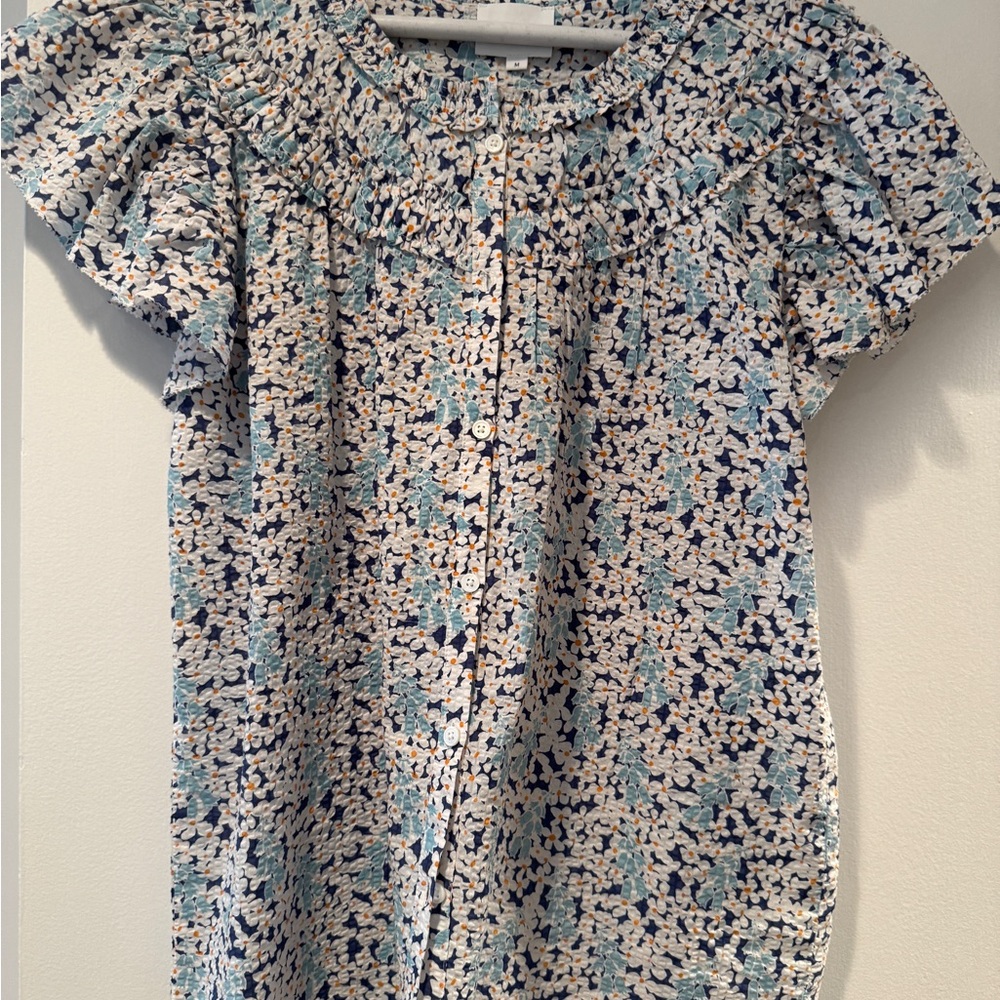 Sunday’s Floral Button-Front Ruffle Sleeve Top in Navy, Light Blue and Cream